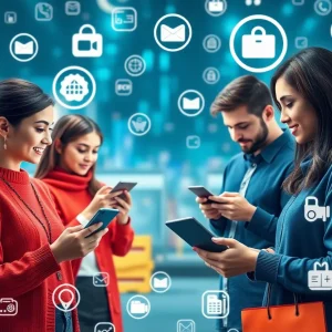 Futuristic e-commerce shopping scene with diverse shoppers.