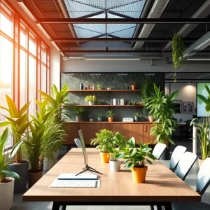 A digital marketing office designed with eco-friendly elements.