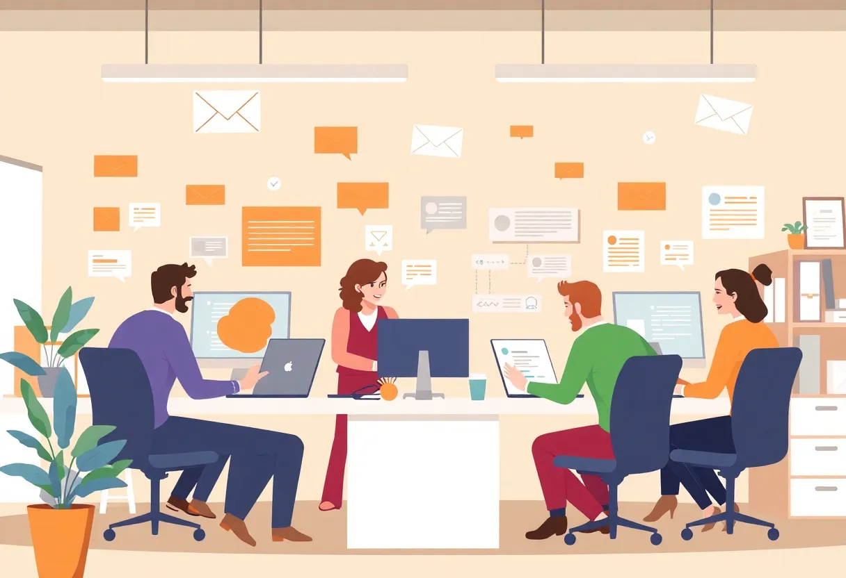 A diverse team collaborating in an office, focusing on email marketing strategies.