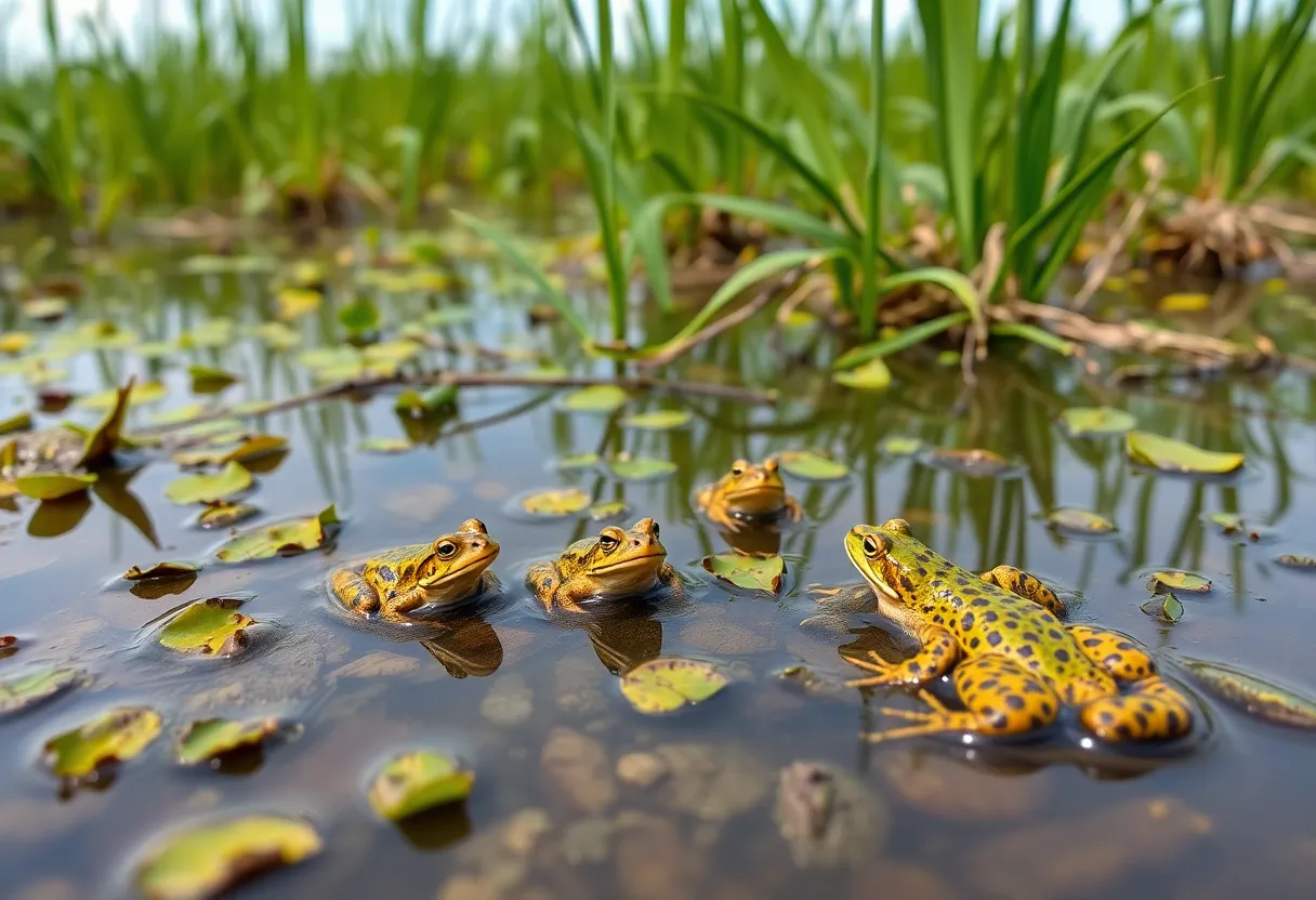 Wetland habitat showcasing frogs and toads