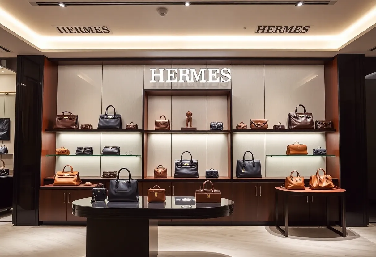 Interior of a Hermès boutique displaying luxury handbags