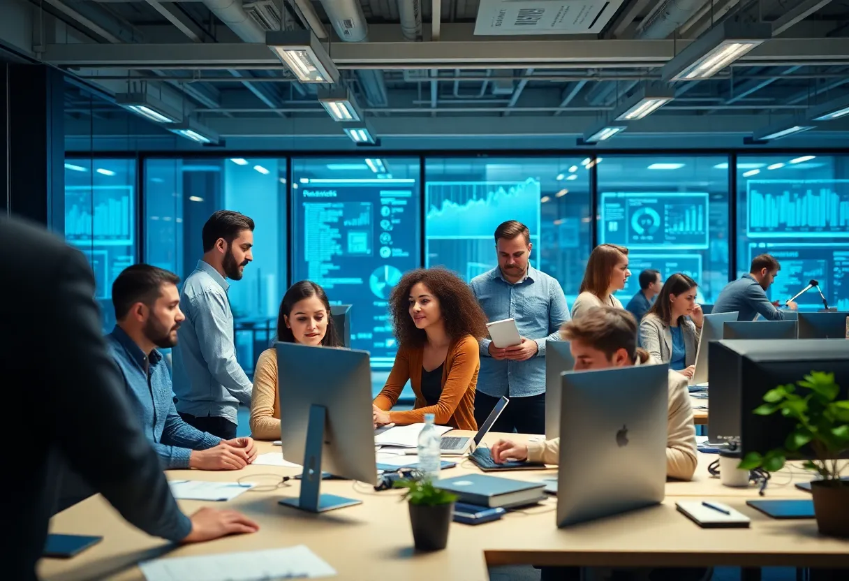 Teams collaborating in a modern office using monday service