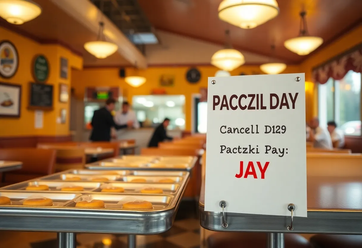 Empty pastry trays at Three Brothers Diner with Paczki Day cancellation notice