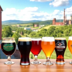 A selection of craft beers from Pennsylvania breweries in a scenic outdoor setting.