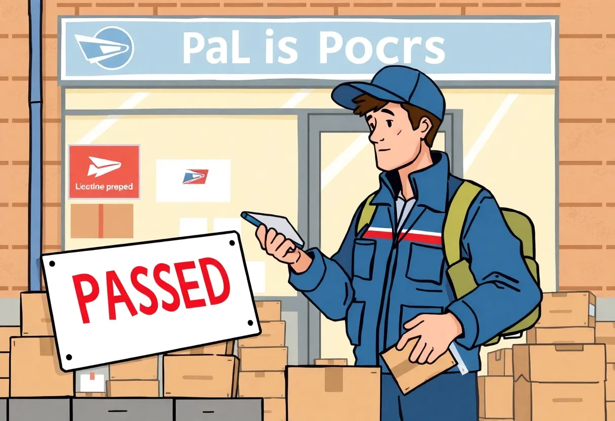 Illustration of postal worker with paused parcels