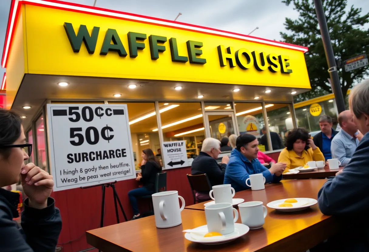 Exterior view of a Waffle House showing a sign about egg surcharge