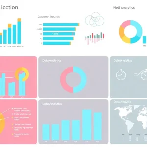 Data analytics charts with digital marketing icons and trends.