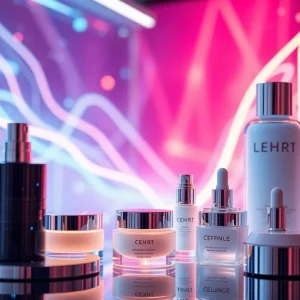 A blend of beauty products from Estée Lauder and a visual representation of generative AI technology.