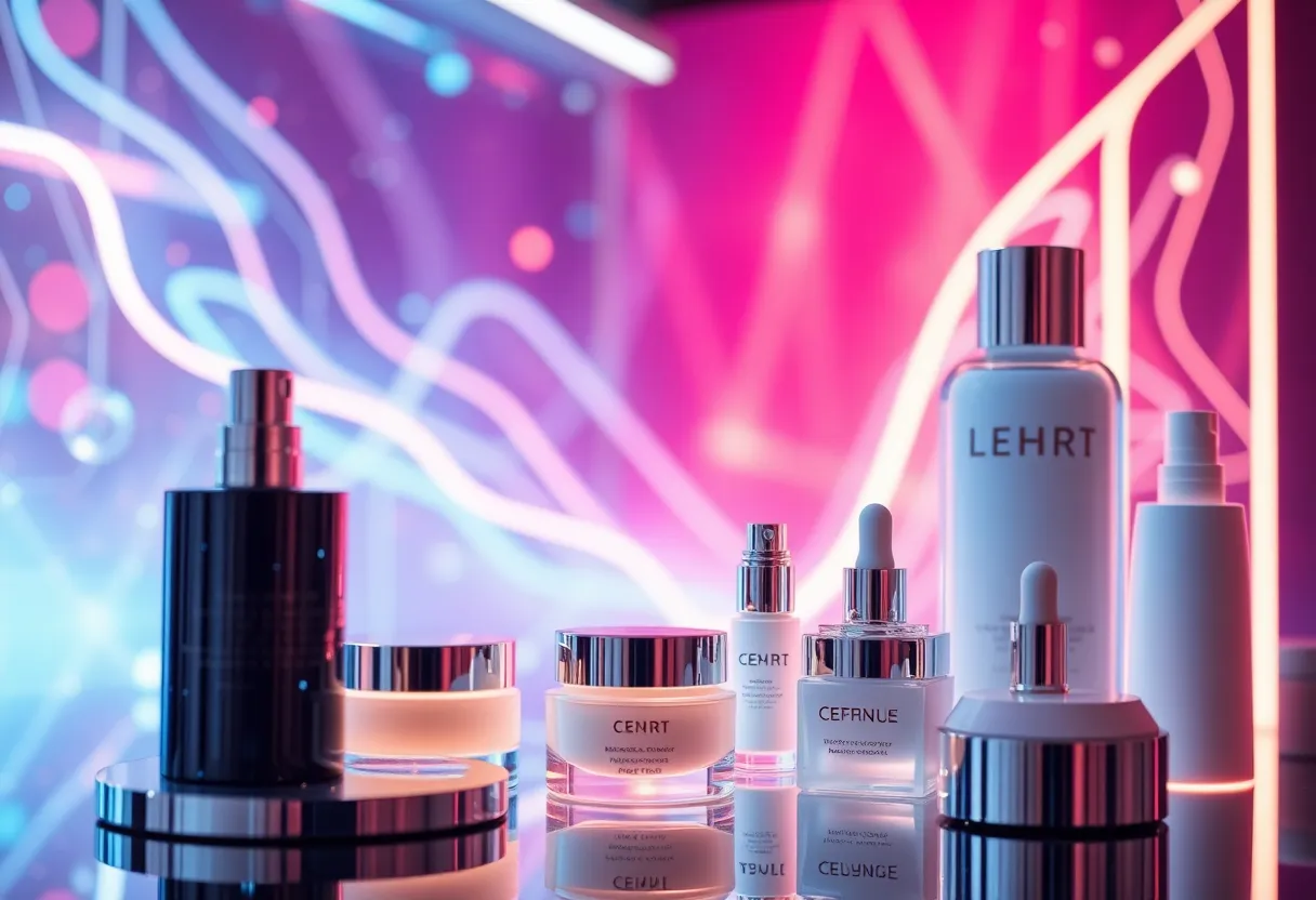 A blend of beauty products from Estée Lauder and a visual representation of generative AI technology.