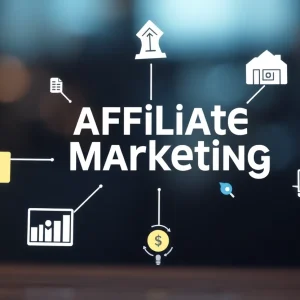 Illustration of affiliate marketing concepts including partnerships and online earnings.