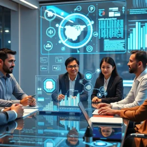 A group of professionals discussing AI in marketing with holographic data displays.