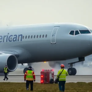 Smoke rising from the engine of American Airlines Flight 1006 after emergency landing.