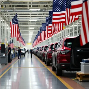 Workers on an assembly line in an American auto manufacturing plant.