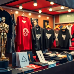 Oscar statuette with Anora film merchandise display