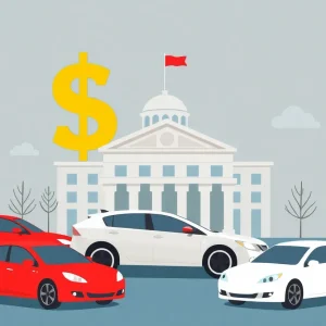 Conceptual image of auto tariffs with cars and symbol of government regulations.