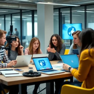 A team collaborating on social media marketing strategies at Awakened Films