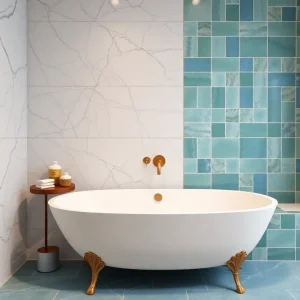 Modern bathroom with luxurious veined marble and colorful tiles