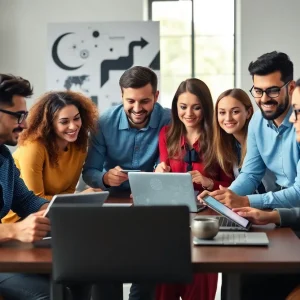 A professional branding strategy session taking place in a modern office.