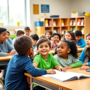 Students celebrating the achievement of their teacher in a classroom setting.