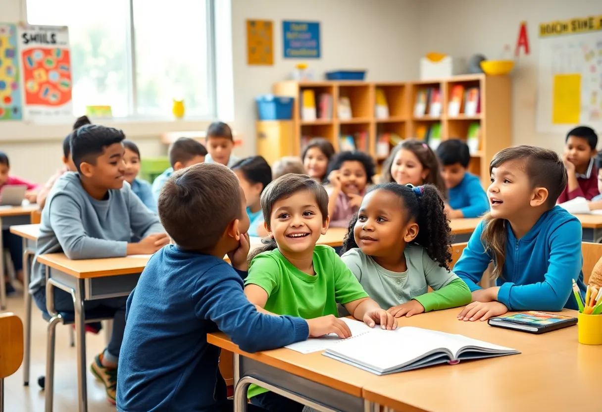 Students celebrating the achievement of their teacher in a classroom setting.