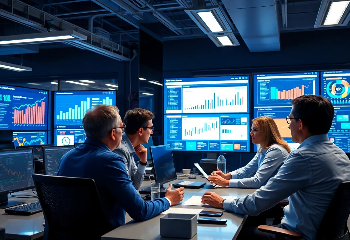 CMOs discussing marketing strategies in a modern office with digital tools