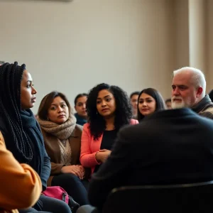 Community members discussing safety and legal matters during a town hall meeting