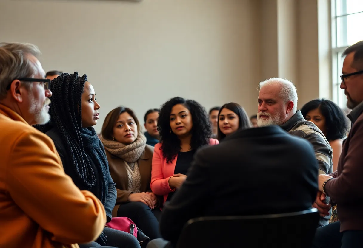 Community members discussing safety and legal matters during a town hall meeting