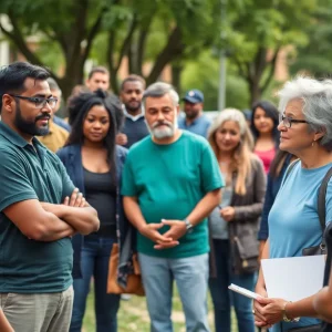 A diverse group of individuals engaged in a discussion about preventing homelessness.