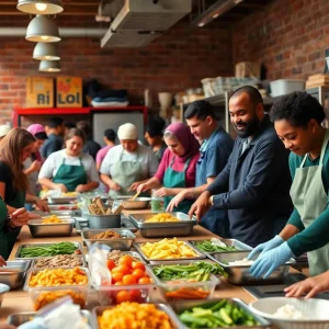 Volunteers preparing meals in a community kitchen