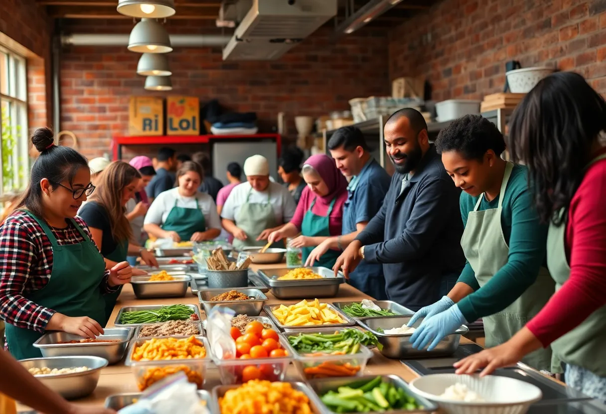 Volunteers preparing meals in a community kitchen