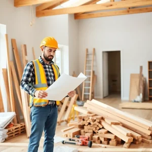 A construction worker analyzing renovation plans amidst rising material costs.