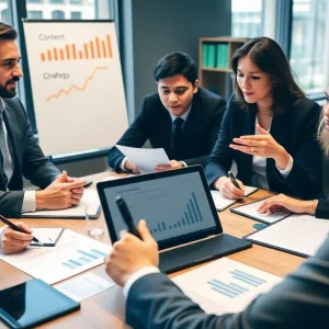 Law professionals in a meeting discussing content marketing strategies
