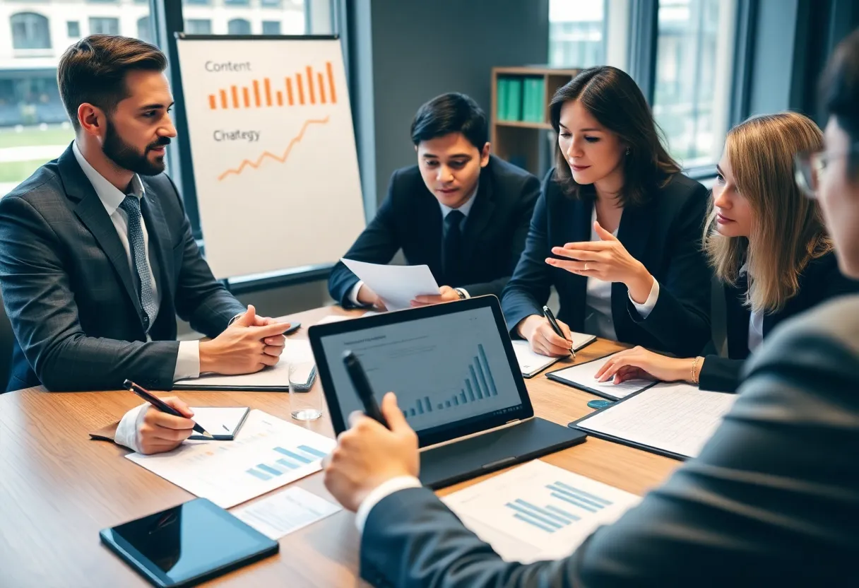 Law professionals in a meeting discussing content marketing strategies