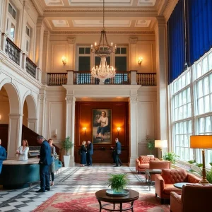 The lobby of the renovated Dearborn Inn featuring Georgian architecture