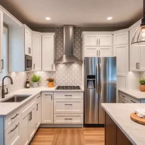 A modern kitchen after a DIY remodel with cabinets, countertops, and lighting.