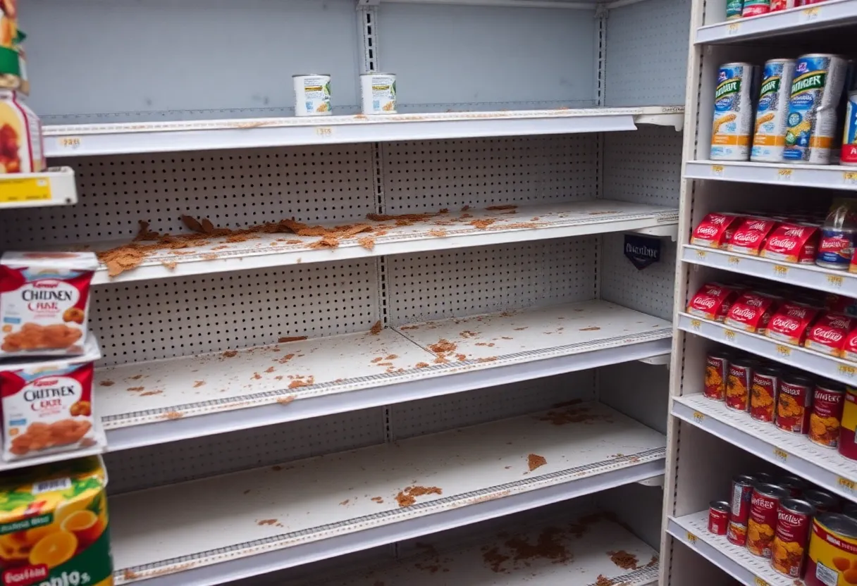 Empty shelves of a food bank in Michigan, highlighting food shortages.