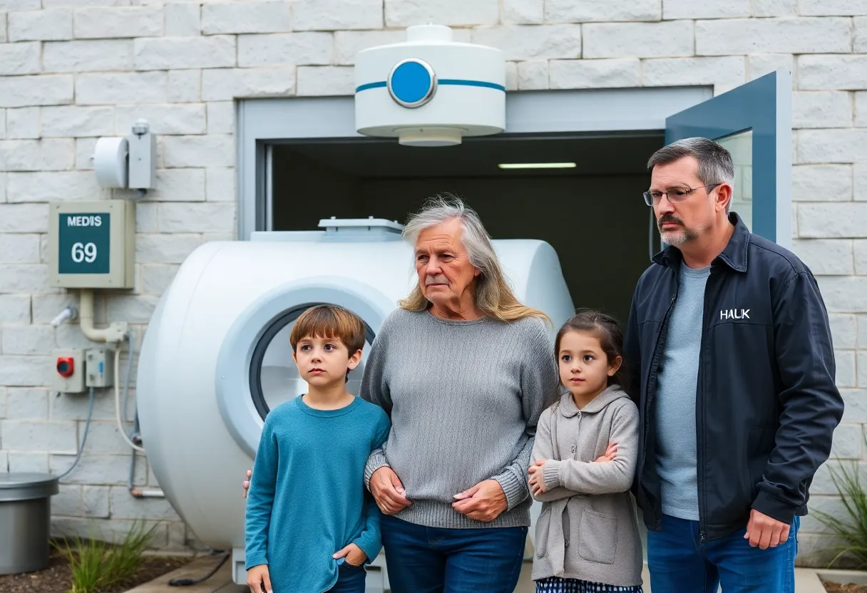 Family looking worried outside healthcare facility related to hyperbaric chambers