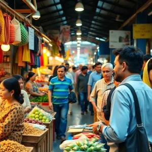 A vibrant scene of buyers and sellers in an open market, illustrating the principles of a free market.