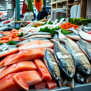 Display of fresh wild Alaska salmon and halibut at a market.