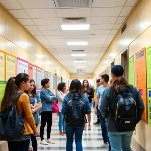 Students engaged in creating posters for yearbook sales in a school hallway.