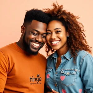Couples celebrating their love stories with Hinge app branding.