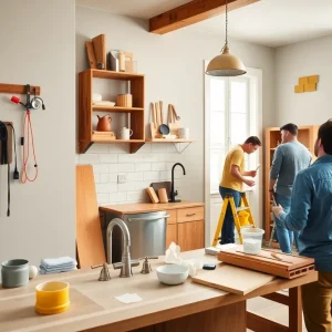 Team working on a home improvement project with various products.