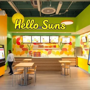 Interior view of Jamba's Hello Sunshine smoothie prototype showcasing self-order kiosks and bright decor.