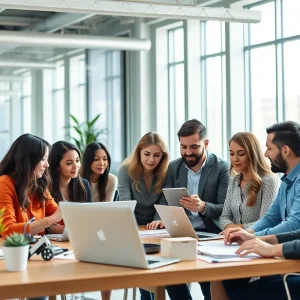 Professionals collaborating in a modern office for B2B marketing