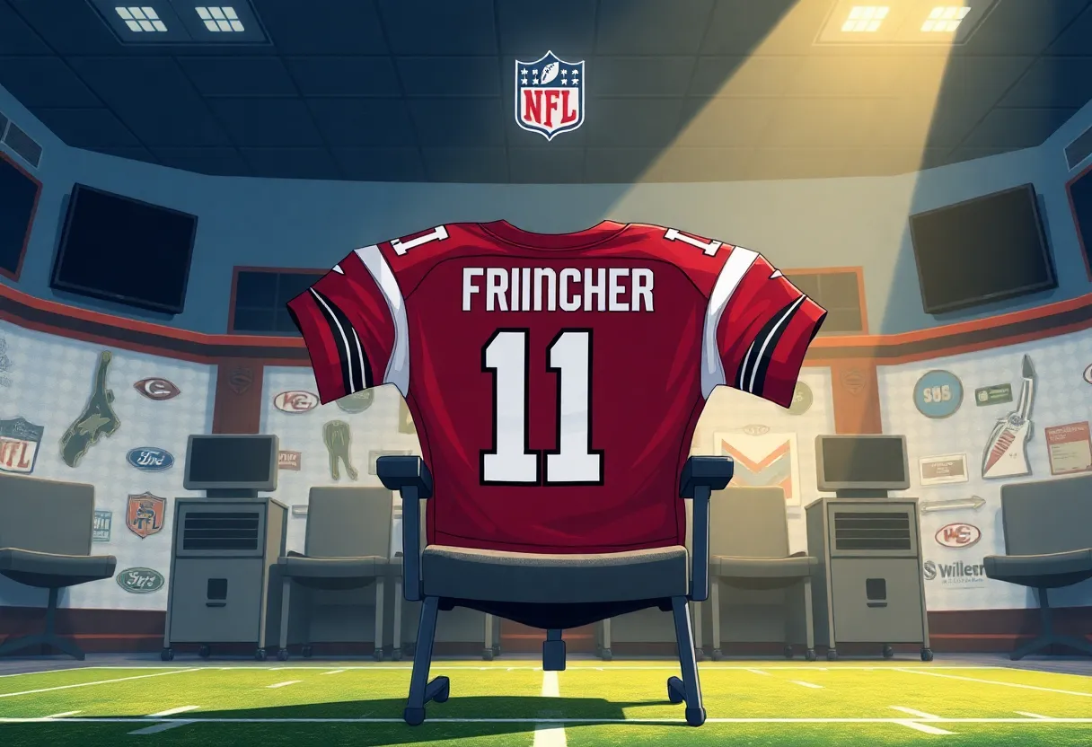 Illustration of an NFL team headquarters with an empty coaching chair and a quarterback's jersey, symbolizing uncertainty.