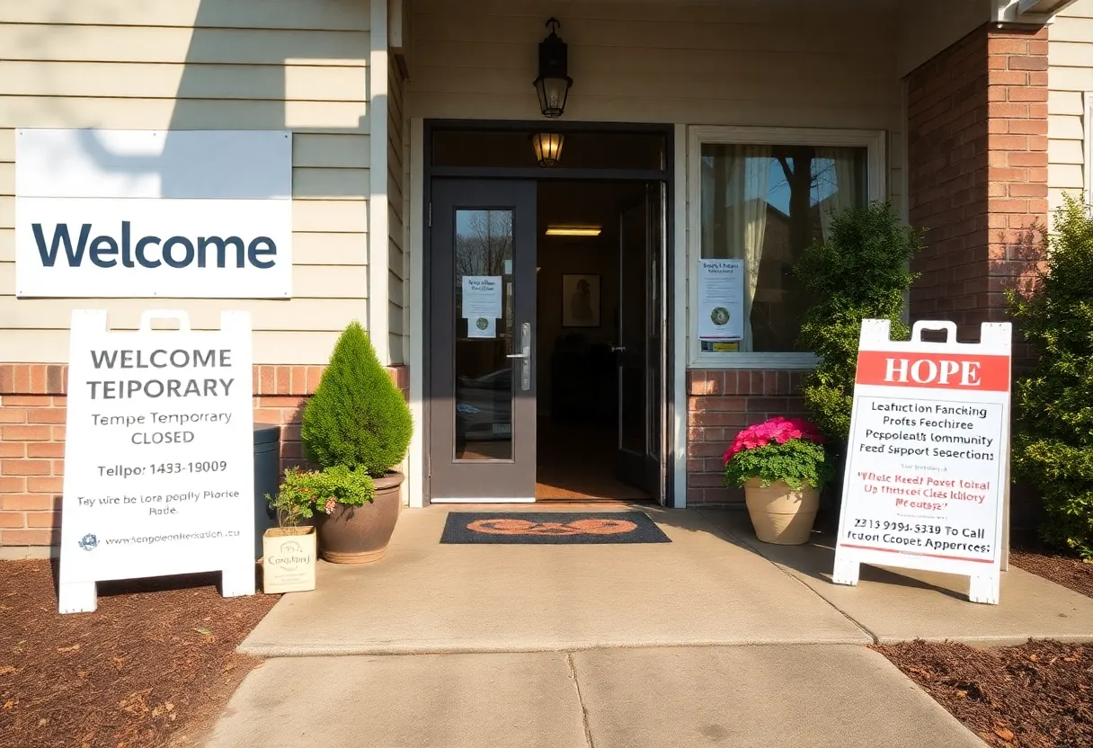 Exterior view of Lighthouse Christian Ministries with a temporary closure sign