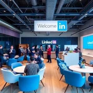 Image of LinkedIn Experience Center in London with professionals interacting.
