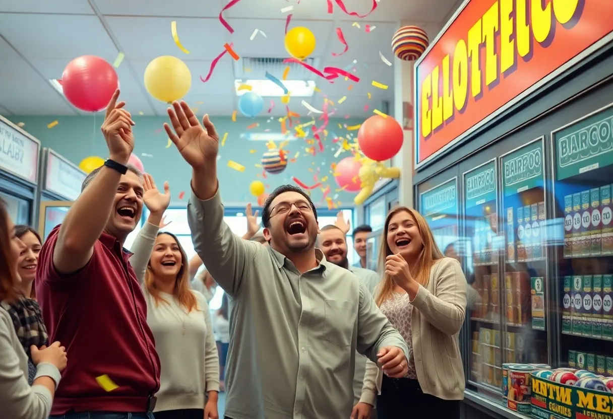 Celebration in a lottery store after a jackpot win.