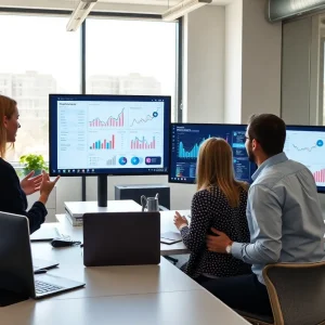 A marketing team discussing strategies in a modern office