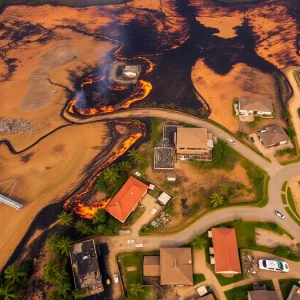 Aerial view of Maui showing devastation from wildfires